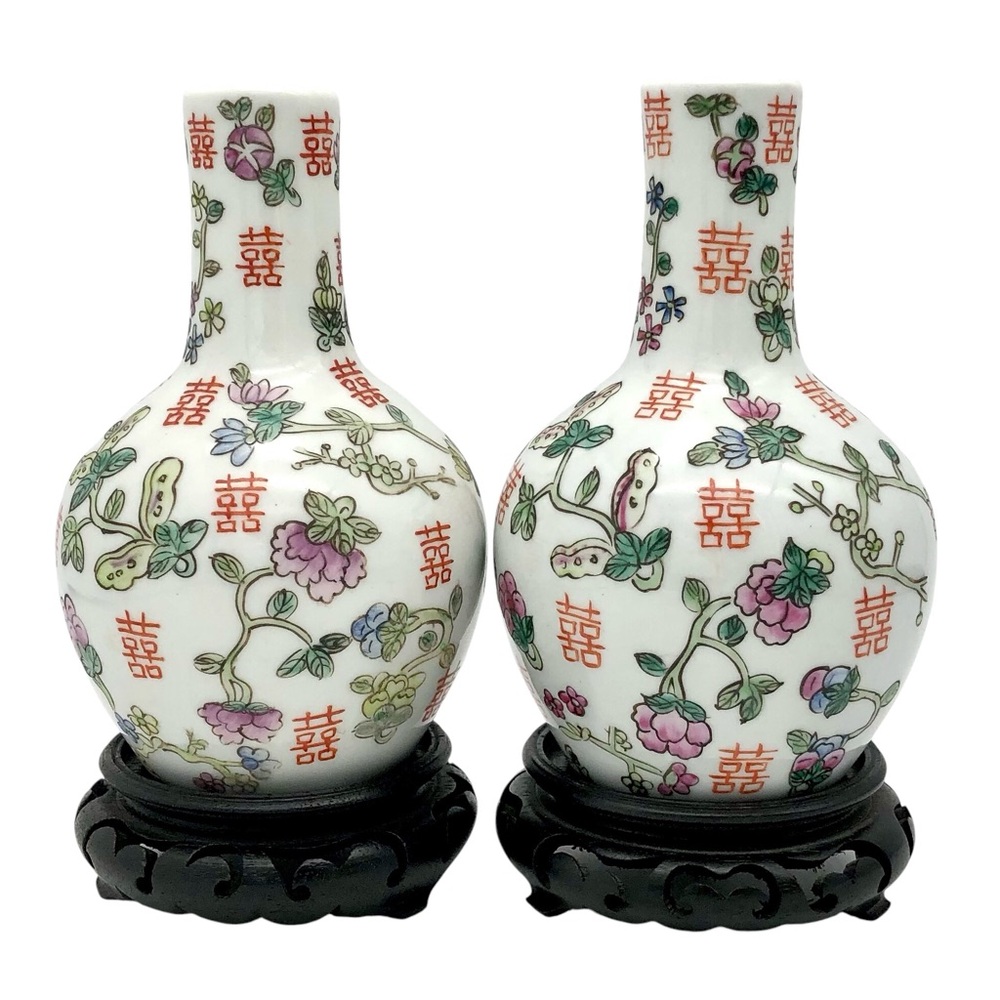 Antique Chinese Double Happiness Vase Pair Tongzhi Mark Famille Rose With Bases